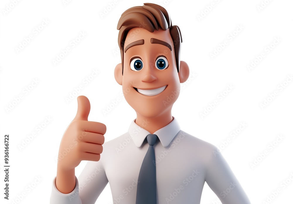 A cartoon character of an office worker in a suit, smiling and giving a thumbs up, against a white background 