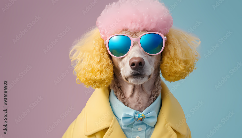 Person wearing pink wig and sunglasses against blue backdrop Person wearing pink wig and sunglasses against blue backdrop