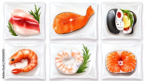 Fresh fish packages, seafood packages, shrimp packs, vacuum packs, and prawn meat packs are available in supermarket freezers. photo