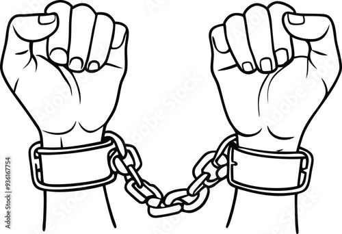 A pair of hands chained freedom line art  illustration black and white