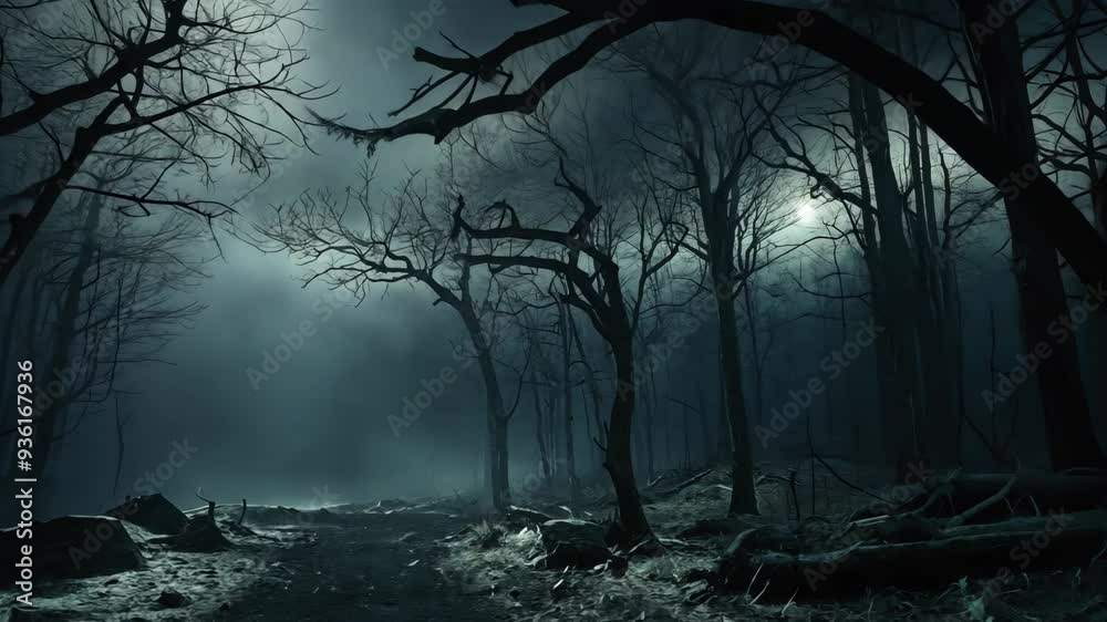Video footage of nighttime scene in a forest with bare, twisted trees,moon is visible through the branches, casting a dim light over the scene