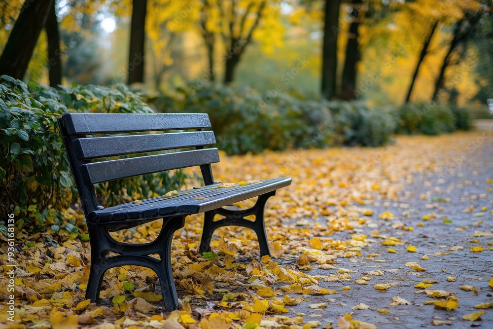 Empty bench in yellow autumn park with some fallen foliage and no people around Empty bench in yellow autumn park with some fallen foliage and no people around