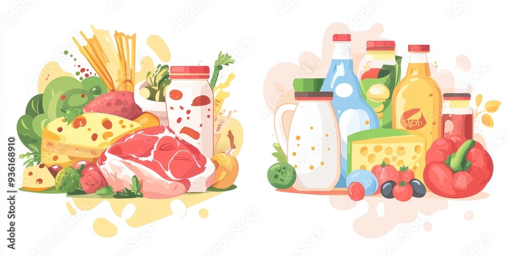 Circles of fruits, vegetables, meats, and fish are arranged in a flat style. Circles of fruits, vegetables, meats, and fish are arranged in a flat style.
