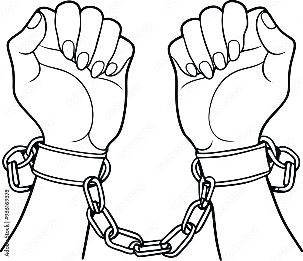 A pair of hands chained freedom line art illustration black and white A pair of hands chained freedom line art illustration black and white