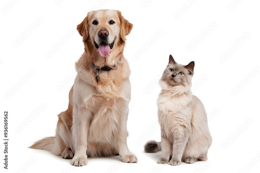 Golden Retriever with tongue out sits beside a Siamese cat, white background Golden Retriever with tongue out sits beside a Siamese cat, white background