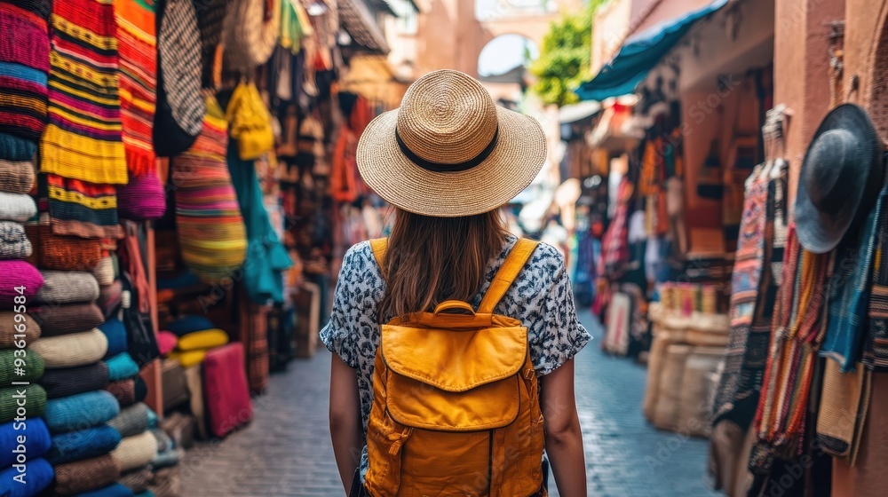 A solo traveler with a backpack wanders through a bustling market, surrounded by bright textiles and handmade goods during midday A solo traveler with a backpack wanders through a bustling market, surrounded by bright textiles and handmade goods during midday