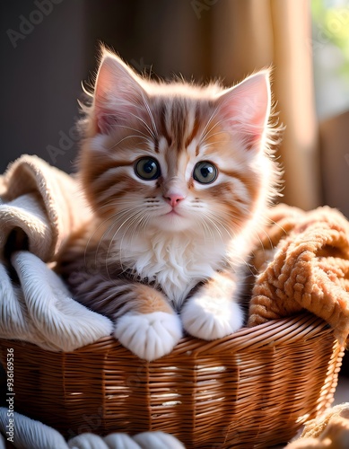 adorable kitten in a basket, fluffy cat