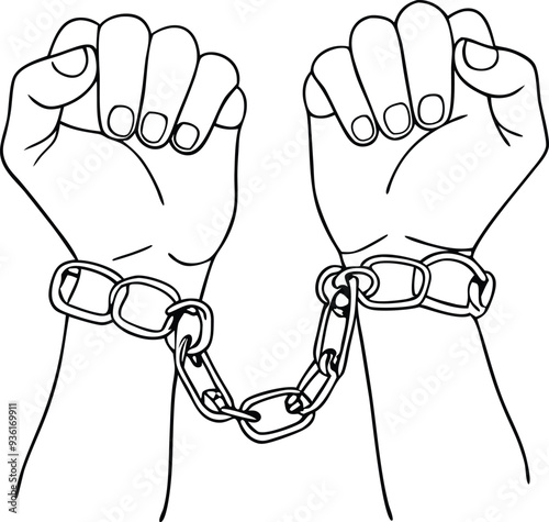 A pair of hands chained freedom line art  illustration black and white