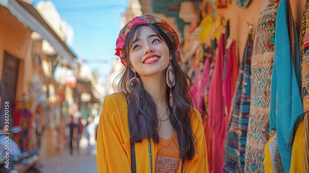 A joyful traveler admires colorful textiles and crafts while wandering through a lively market full of unique items A joyful traveler admires colorful textiles and crafts while wandering through a lively market full of unique items