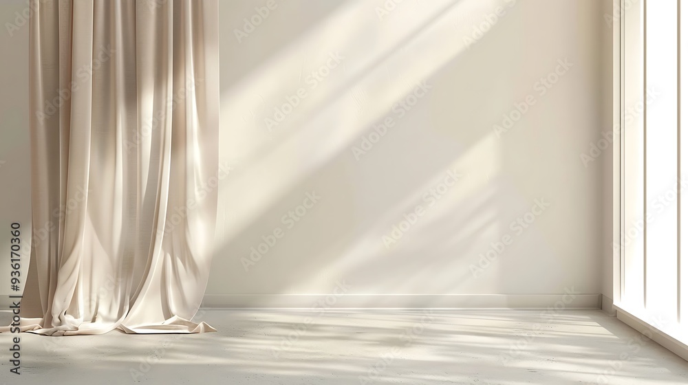 Aesthetic empty white blank wall background with sunlight shadow and beige linen curtain Aesthetic empty white blank wall background with sunlight shadow and beige linen curtain