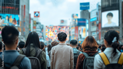 Wallpaper Mural A man walks through a bustling crowd on a Tokyo street. Many people are visible in the background, all moving about their day - Generative AI Torontodigital.ca
