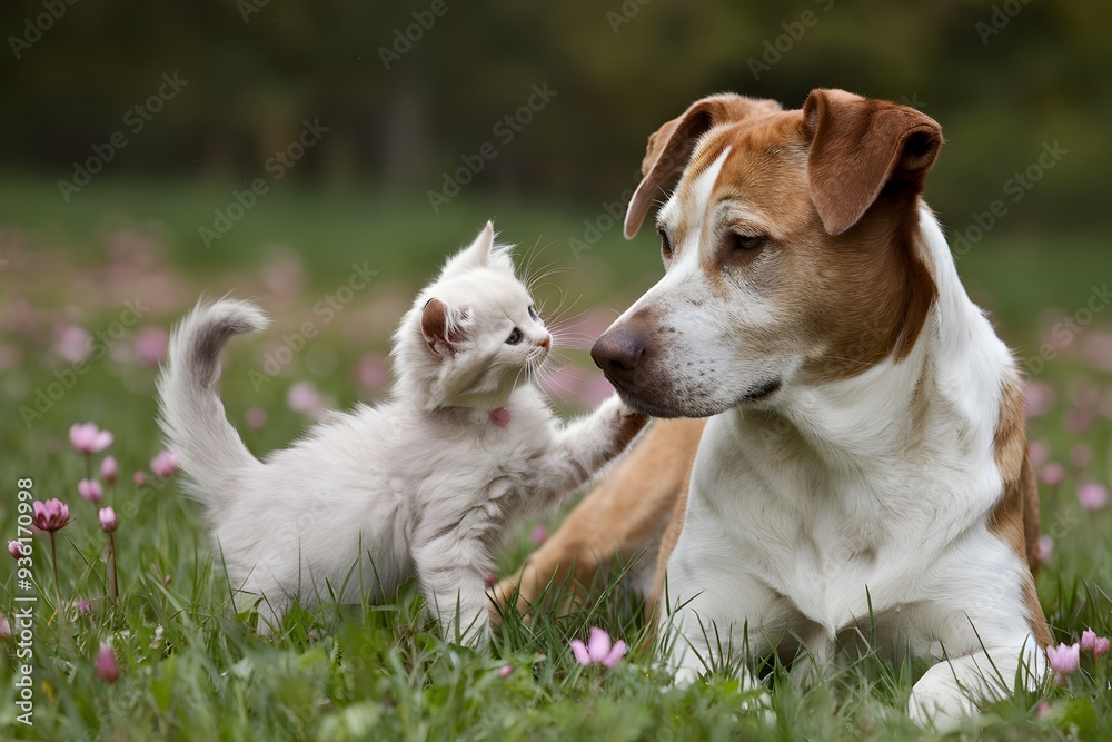 Kitten touches dogs nose in a grassy field with pink flowers Kitten touches dogs nose in a grassy field with pink flowers