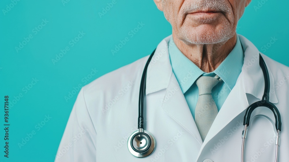 Professional Doctor in White Lab Coat with Stethoscope on Blue Background Professional Doctor in White Lab Coat with Stethoscope on Blue Background