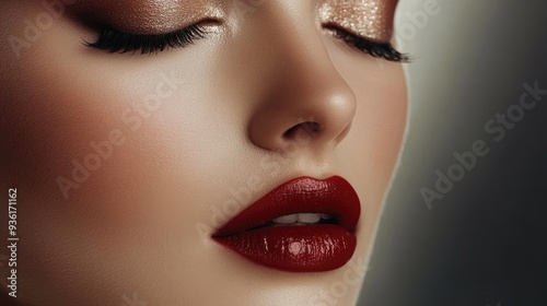 A chic close-up of a mode makeup featuring perfectly blended eyeshadow and a glossy lip. The sleek, modern style is complemented by a simple, elegant background.