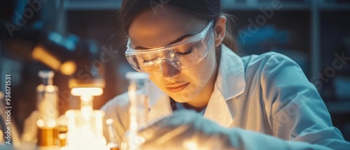 Woman in lab coat with safety glasses examining liquid in a beaker. photo