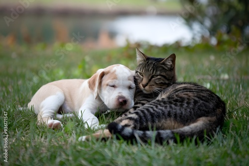 Puppy rests its head on a cat in a green grassy field