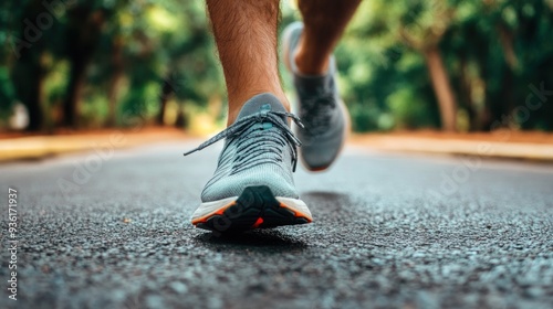 Close-up of a runner's feet on a paved road