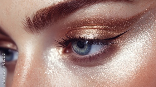 A close-up of eyes with a sleek, modern makeup look featuring metallic eyeshadow and precise eyeliner. The image exudes sophistication and contemporary fashion trends