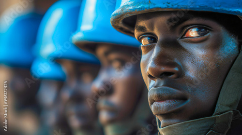 Soldiers in blue helmets on a United Nations peacekeeping mission maintaining national peace. The scene depicts the soldiers in uniform performing their duties in a mission area.
Black soldier.