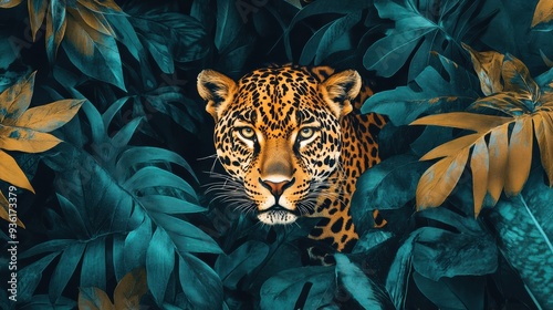 A leopard peeking out from behind a thick jungle of leaves, AI