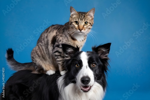 Tabby cat perches atop black and white dog against vibrant blue background