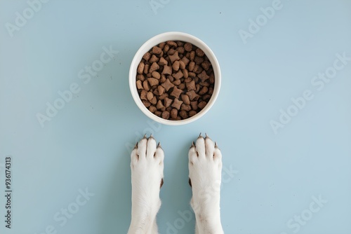 Top down view of dog paws below food bowl on light blue surface photo