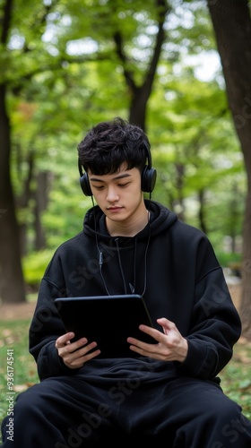 A person is enjoying a movie on a tablet while seated outdoors in a peaceful, green environment, wearing headphones