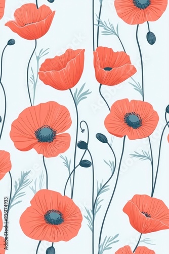 A seamless pattern of poppies in red on a light blue background