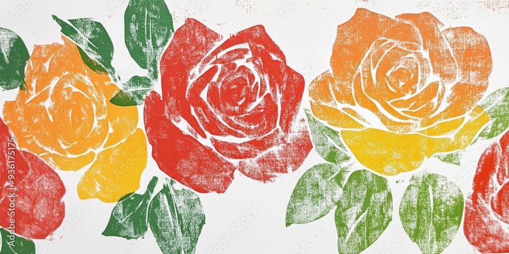 A stencil of roses in red, orange and yellow on white paper. A stencil of roses in red, orange and yellow on white paper.