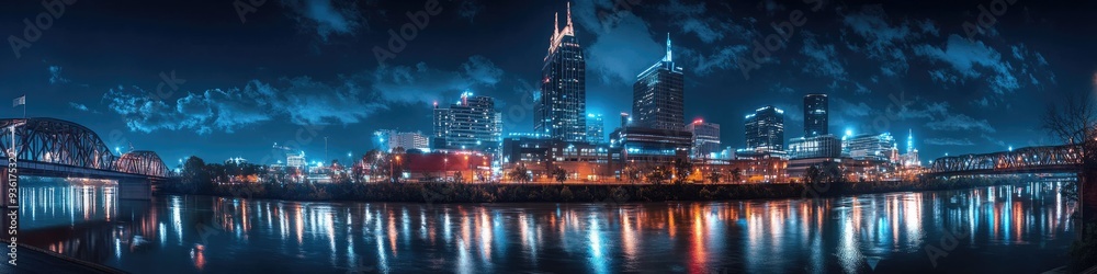 Fototapeta premium Nashville Night. Skyline with Shelby Street Pedestrian Bridge over Cumberland Riverfront