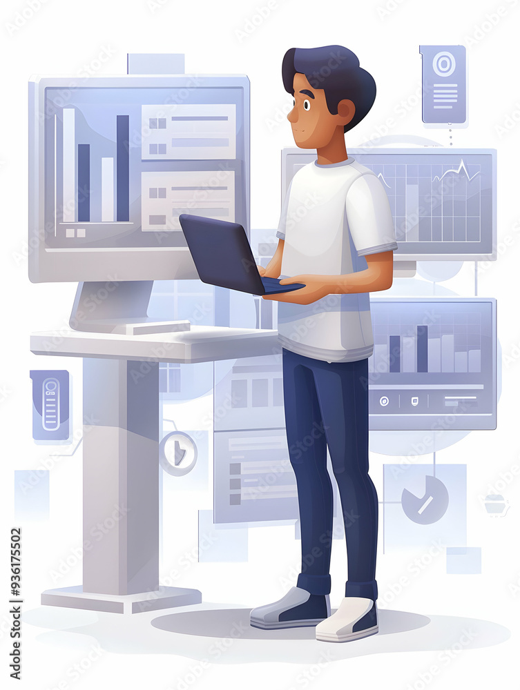 Professional Operations Specialist with Workflow Charts and Laptop in High Tech Office Setting | 3D Flat Icon Mid Shot with Advanced Technology Screens Ideal for Futuristic Busin Professional Operations Specialist with Workflow Charts and Laptop in High Tech Office Setting | 3D Flat Icon Mid Shot with Advanced Technology Screens Ideal for Futuristic Busin