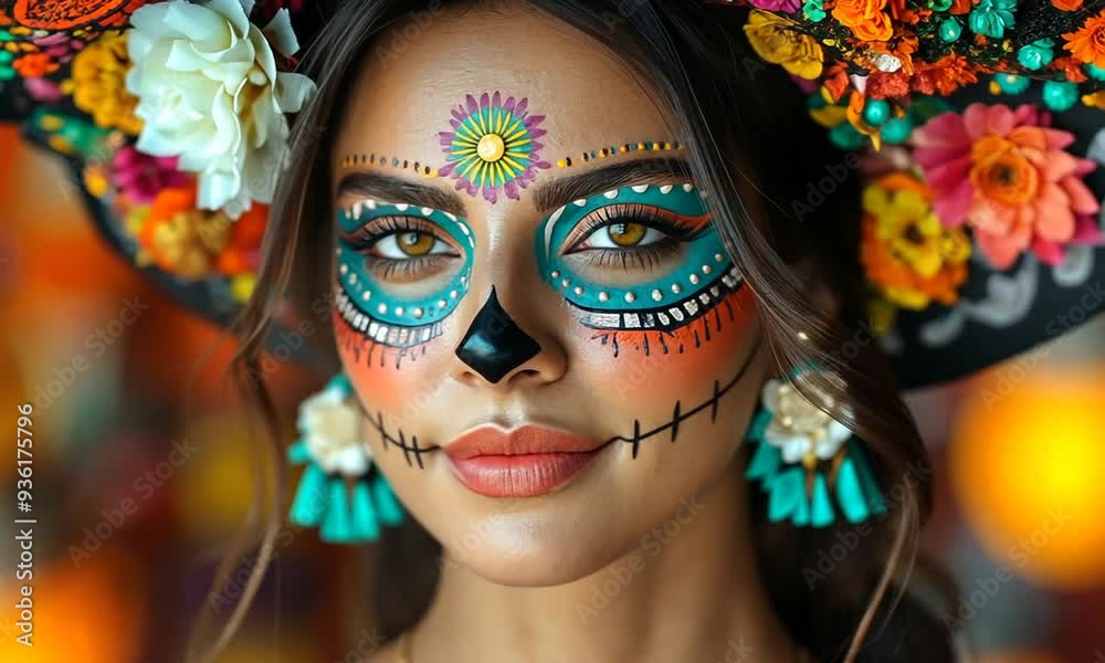 Close-up of a woman with colorful makeup, depicting a skull, and a festive hat with flowers.