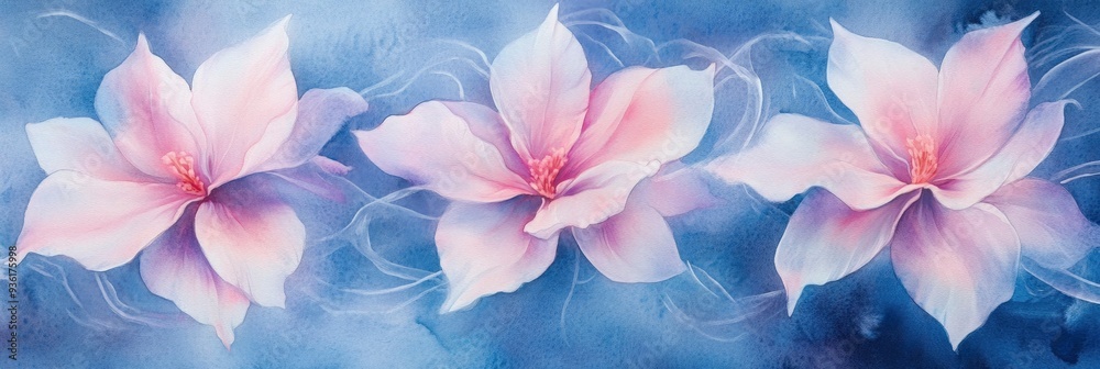 pink flowers in watercolor on a blue background pink flowers in watercolor on a blue background