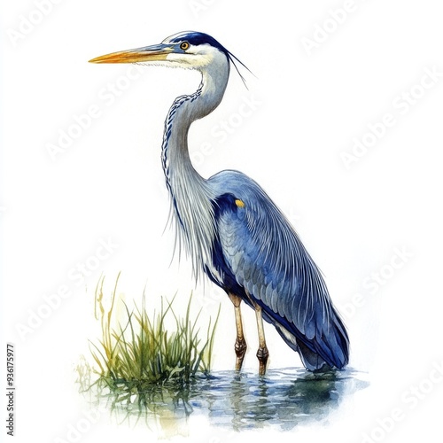 Watercolor Heron Illustration. Realistic Blue Crane Animal in Wildlife Habitat