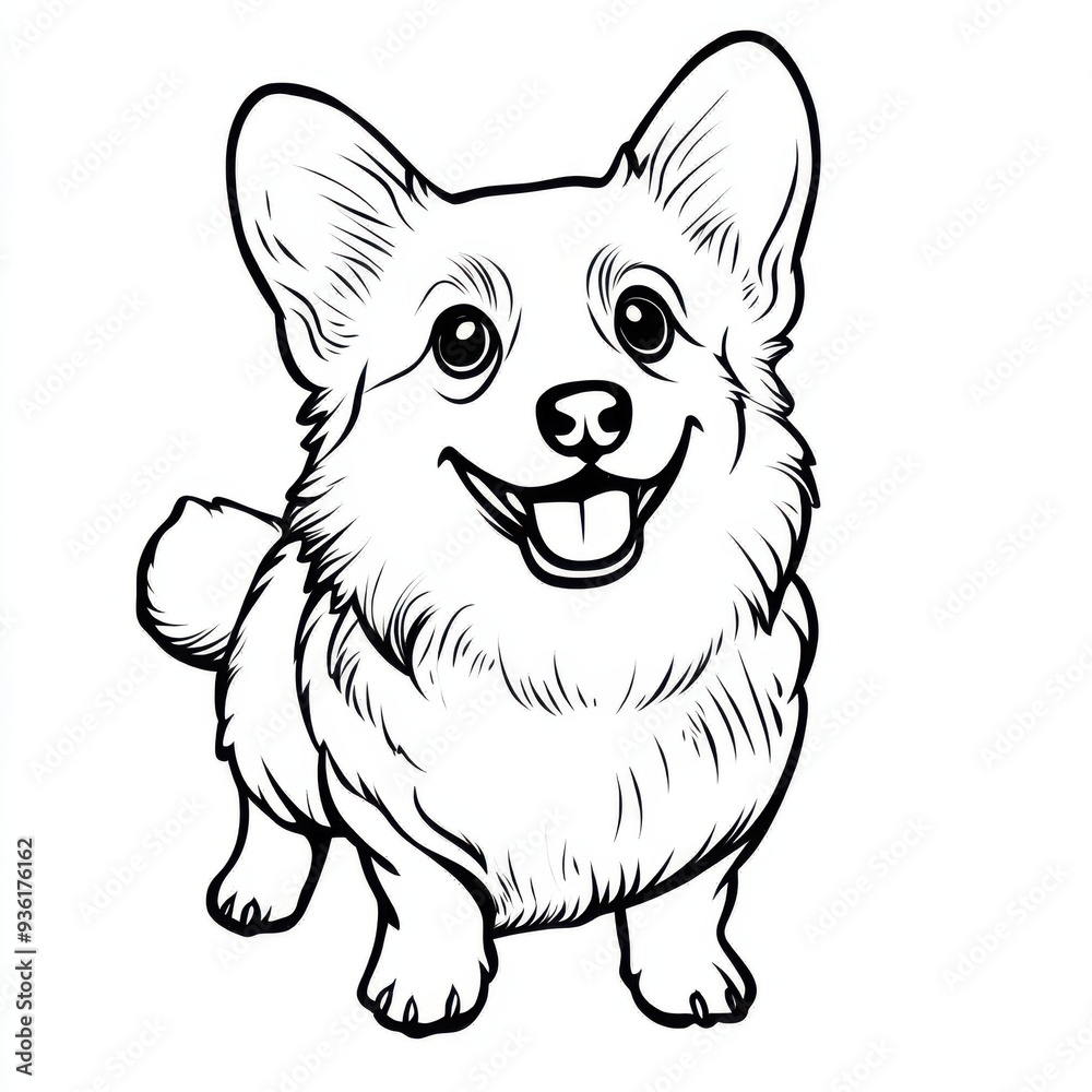 Outline illustration of a black and white corgi for drawing and coloring on white background Outline illustration of a black and white corgi for drawing and coloring on white background
