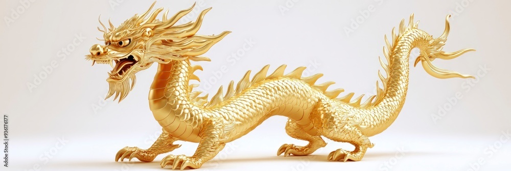 Obraz premium Golden Chinese dragon, full body, front view, white background