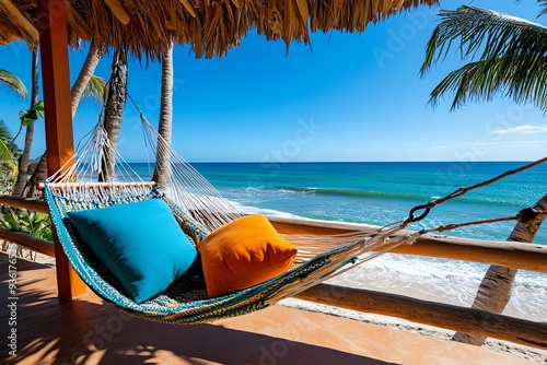 A hammock with colorful cushions hangs under a thatched roof overlooking a serene tropical beach. photo