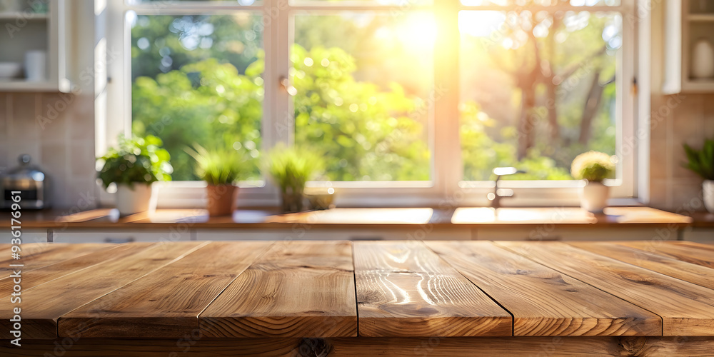 Empty wooden table and blurred background of kitchen interior. For product display Empty wooden table and blurred background of kitchen interior. For product display