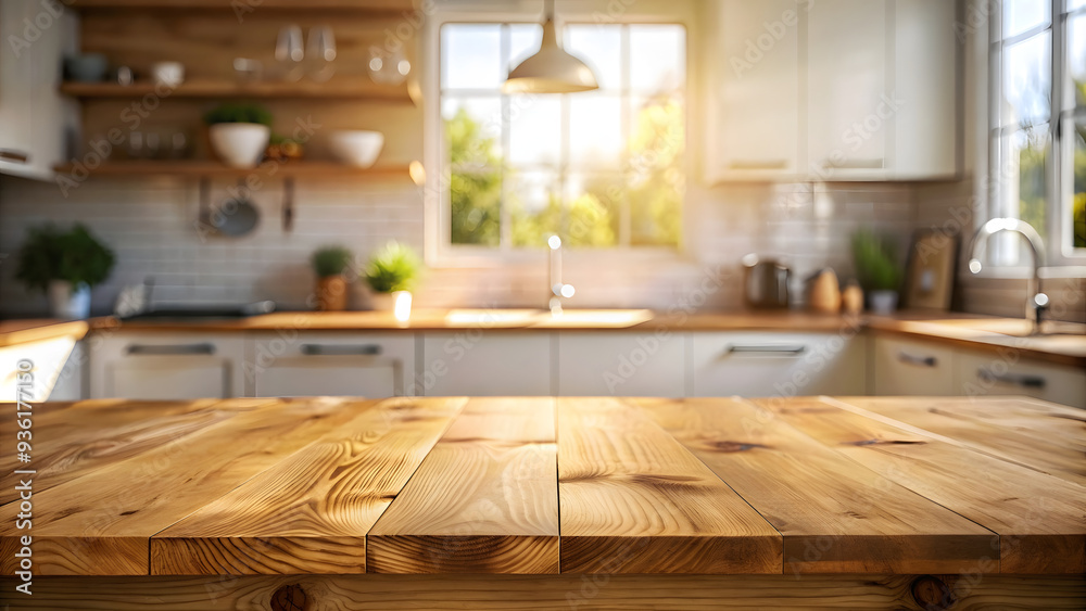 Empty wooden table and blurred background of kitchen interior. For product display Empty wooden table and blurred background of kitchen interior. For product display