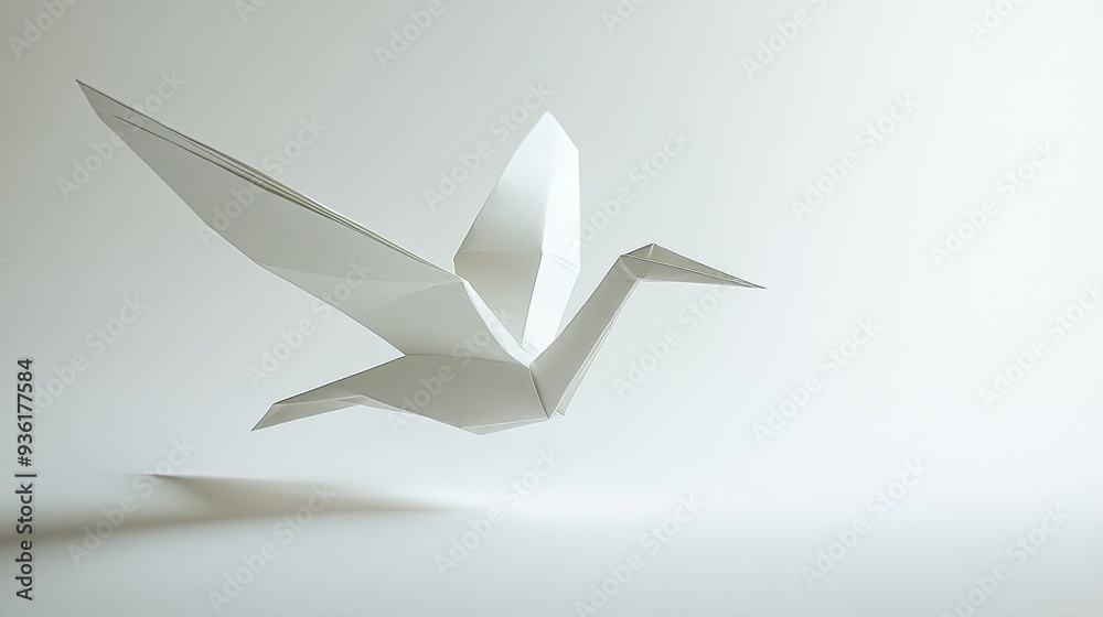 A whimsical origami bird in flight, set against an empty white background. The simplicity and elegance of the paper fold design make the image perfect for creative and inspirational uses. A whimsical origami bird in flight, set against an empty white background. The simplicity and elegance of the paper fold design make the image perfect for creative and inspirational uses.
