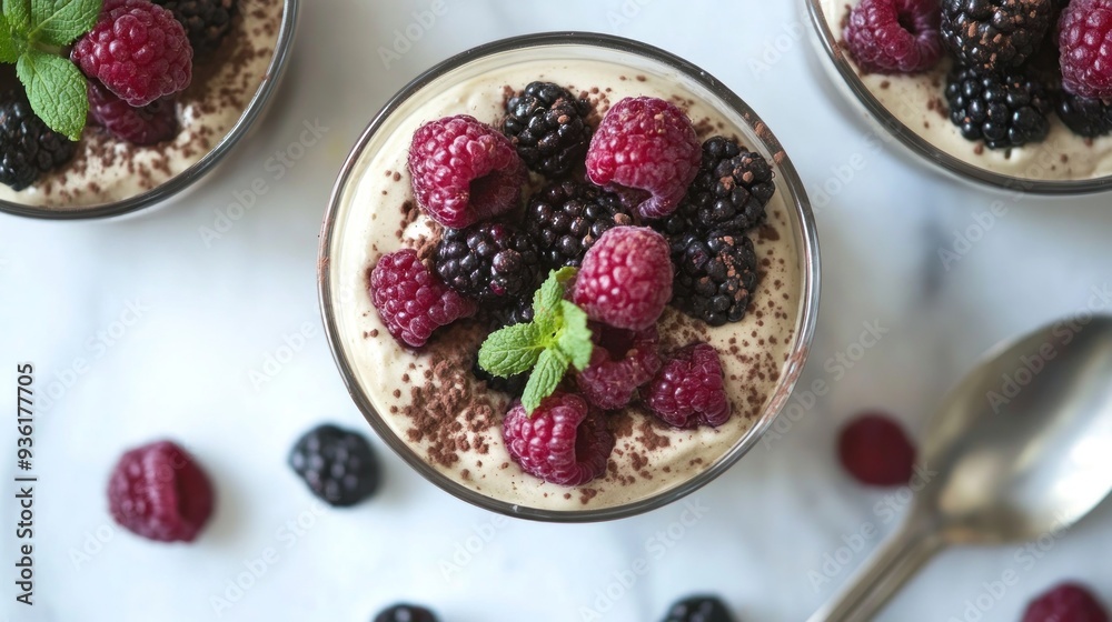 Delicious Dessert with Fresh Berries and Chocolate Powder Delicious Dessert with Fresh Berries and Chocolate Powder