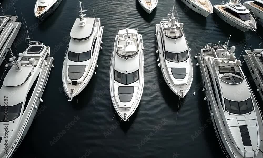 Aerial view of six white yachts docked in a harbor. Aerial view of six white yachts docked in a harbor.