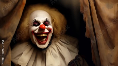 A creepy clown laughs menacingly backstage at the circus, creating a sense of fear and dread in a chilling scene