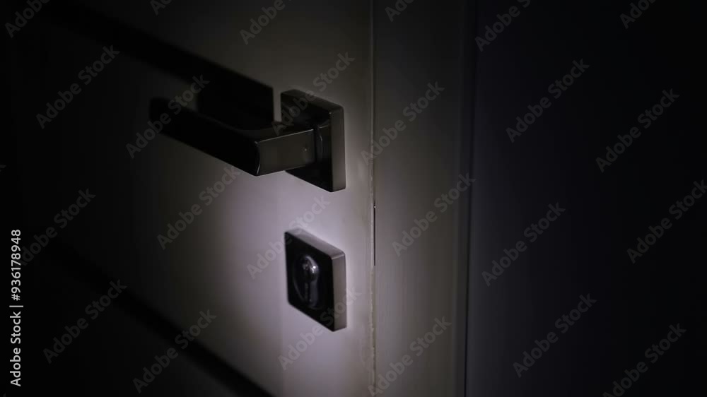 A criminal thief shines a flashlight on the keyhole of a wooden front door. A burglary at night. Looping, endlessly.
