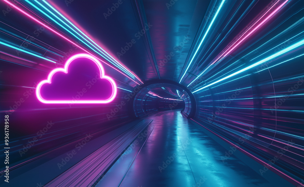 Neon-lit futuristic tunnel with cloud-shaped lights in vibrant colors. Neon-lit futuristic tunnel with cloud-shaped lights in vibrant colors.