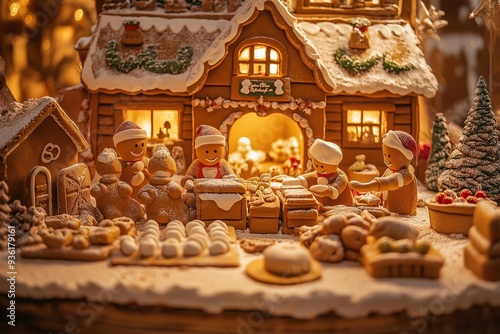 A group of gingerbread men are working in a bakery. Christmas background