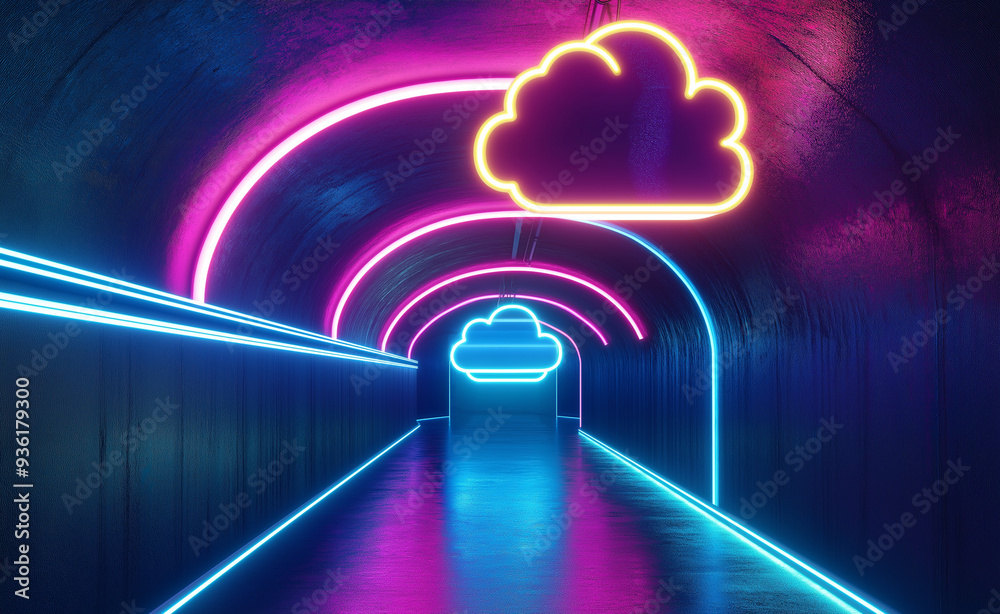 Neon-lit futuristic tunnel with cloud-shaped lights in vibrant colors. Neon-lit futuristic tunnel with cloud-shaped lights in vibrant colors.