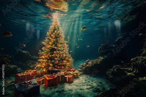 A Christmas tree is surrounded by presents in a body of water. Christmas background