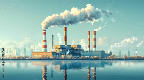 Industrial scene featuring a power plant with smoke billowing from its tall chimneys beside a calm water body.