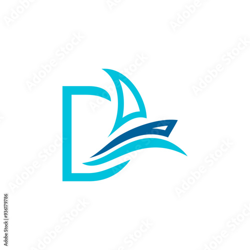 vector logo combination of sailing ship or boat with letters, initials, alphabet, with blue base color for business purposes and others